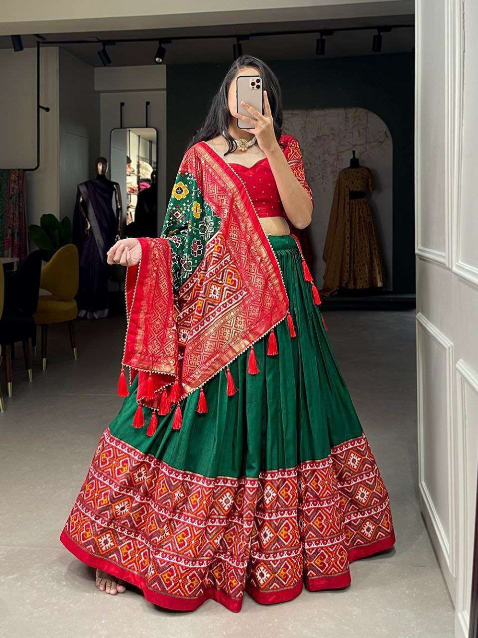Women's Tussar Silk Patola Print Lehenga Choli Dupatta Set - Image 2